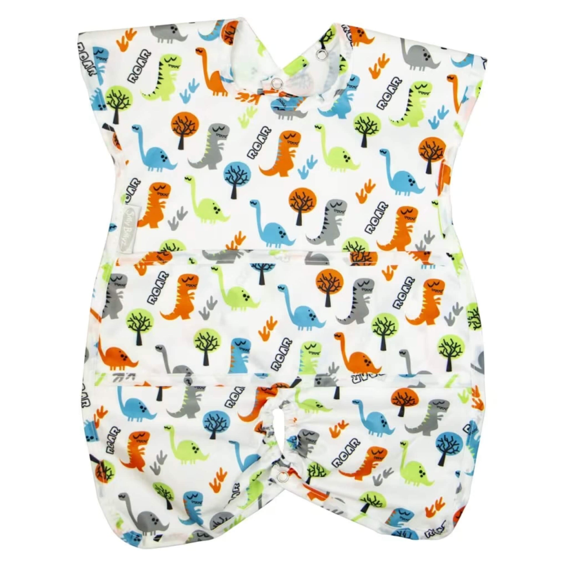 Silly Billyz Wipe Clean Highchair Hugger Bib in the Roar dinosaur print, shown laid flat with wide shoulder coverage, a contoured shape, and a snap fastening at the base for attaching to a highchair.