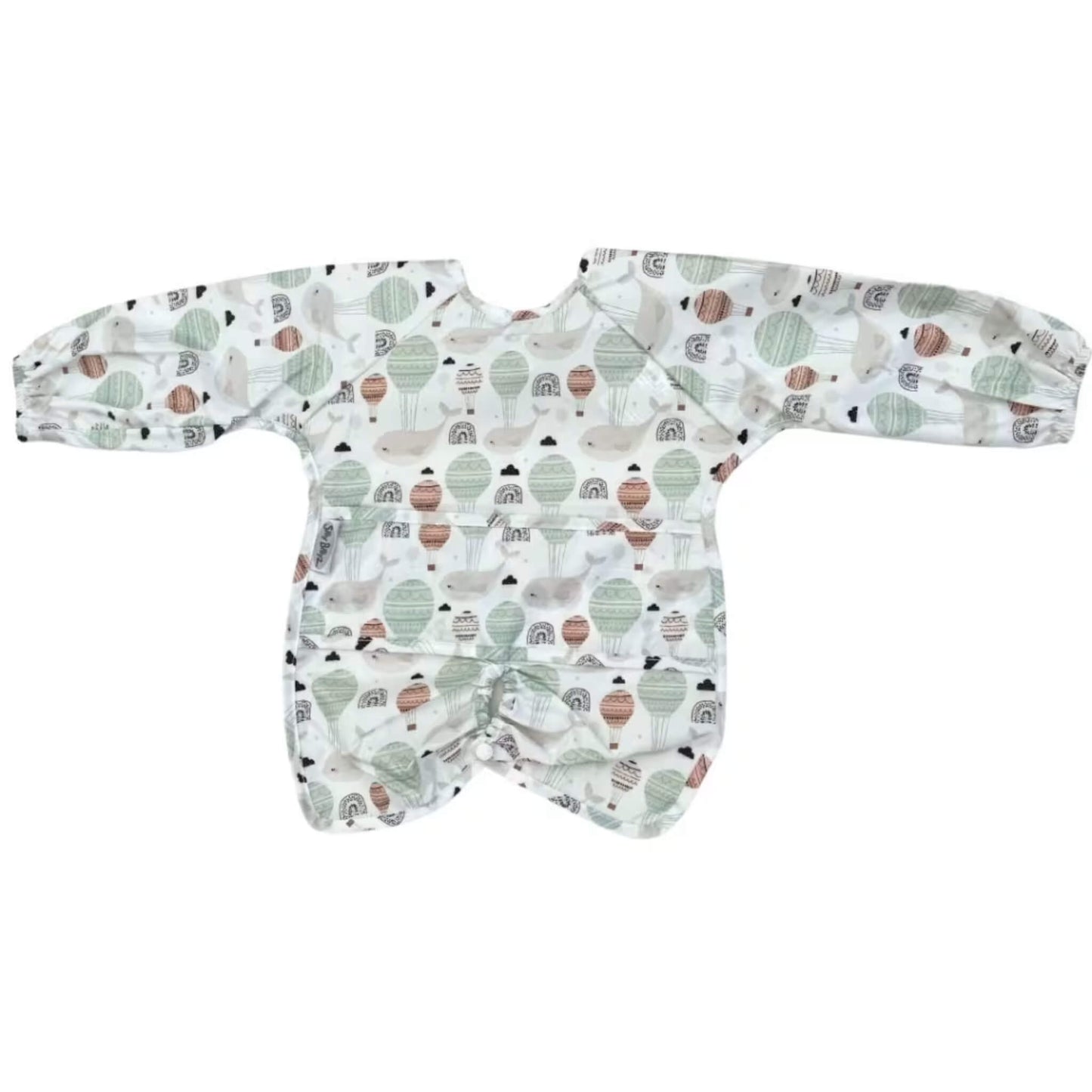 Long sleeve wipe-clean highchair bib laid flat with arms fully extended, showing full sleeve length and wide coverage across the chest and lap.