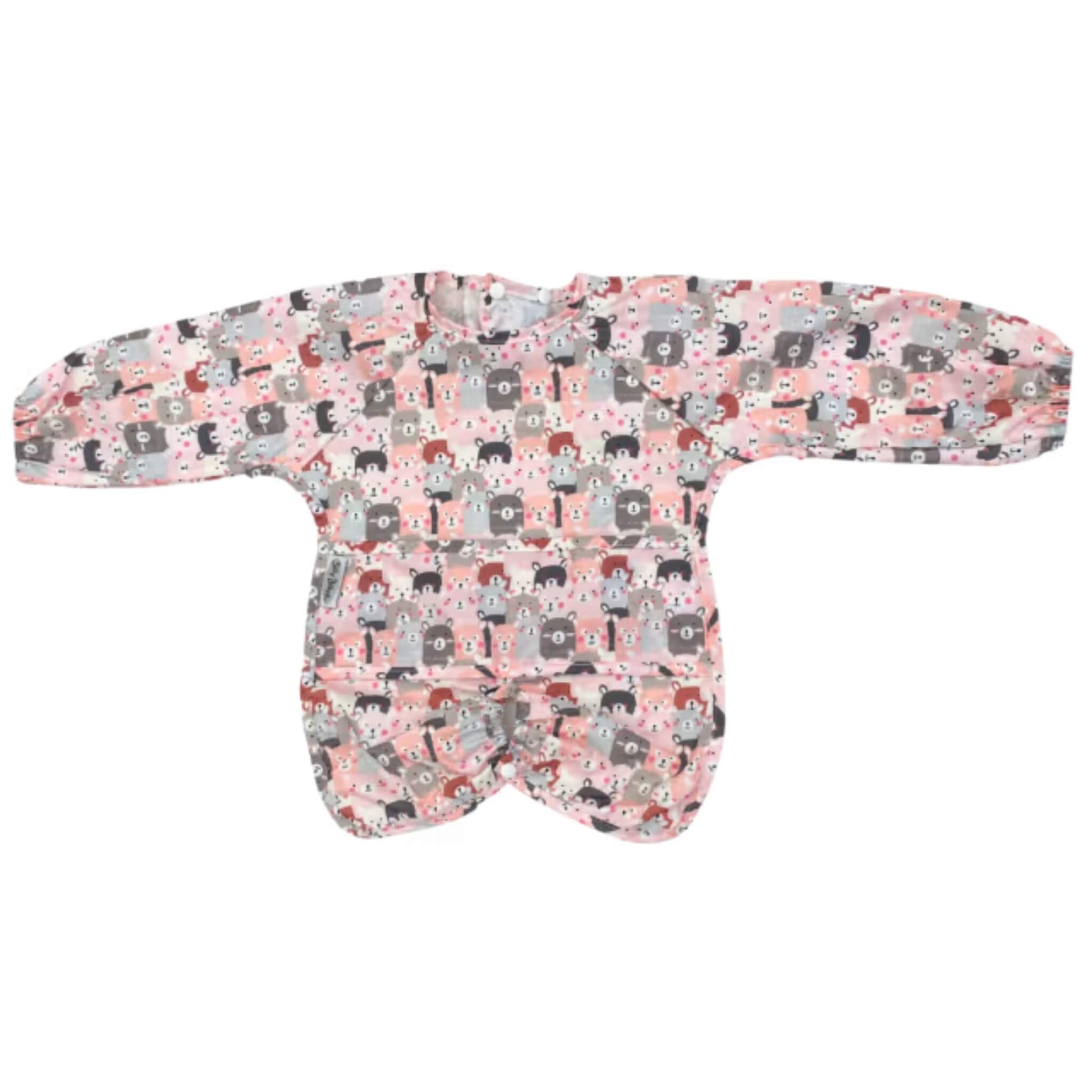 Peekaboo print long sleeve wipe-clean highchair bib laid flat with arms fully extended, showing full sleeve length and wide coverage across the chest and lap.