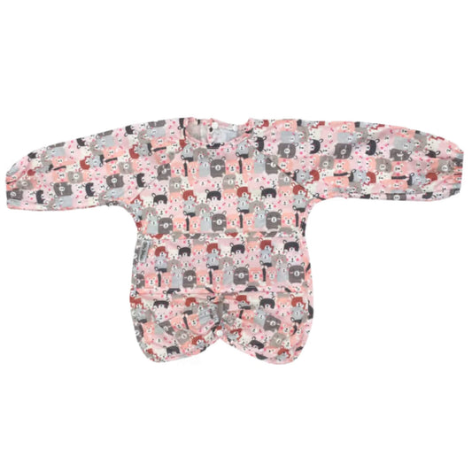 Peekaboo print long sleeve wipe-clean highchair bib laid flat with arms fully extended, showing full sleeve length and wide coverage across the chest and lap.