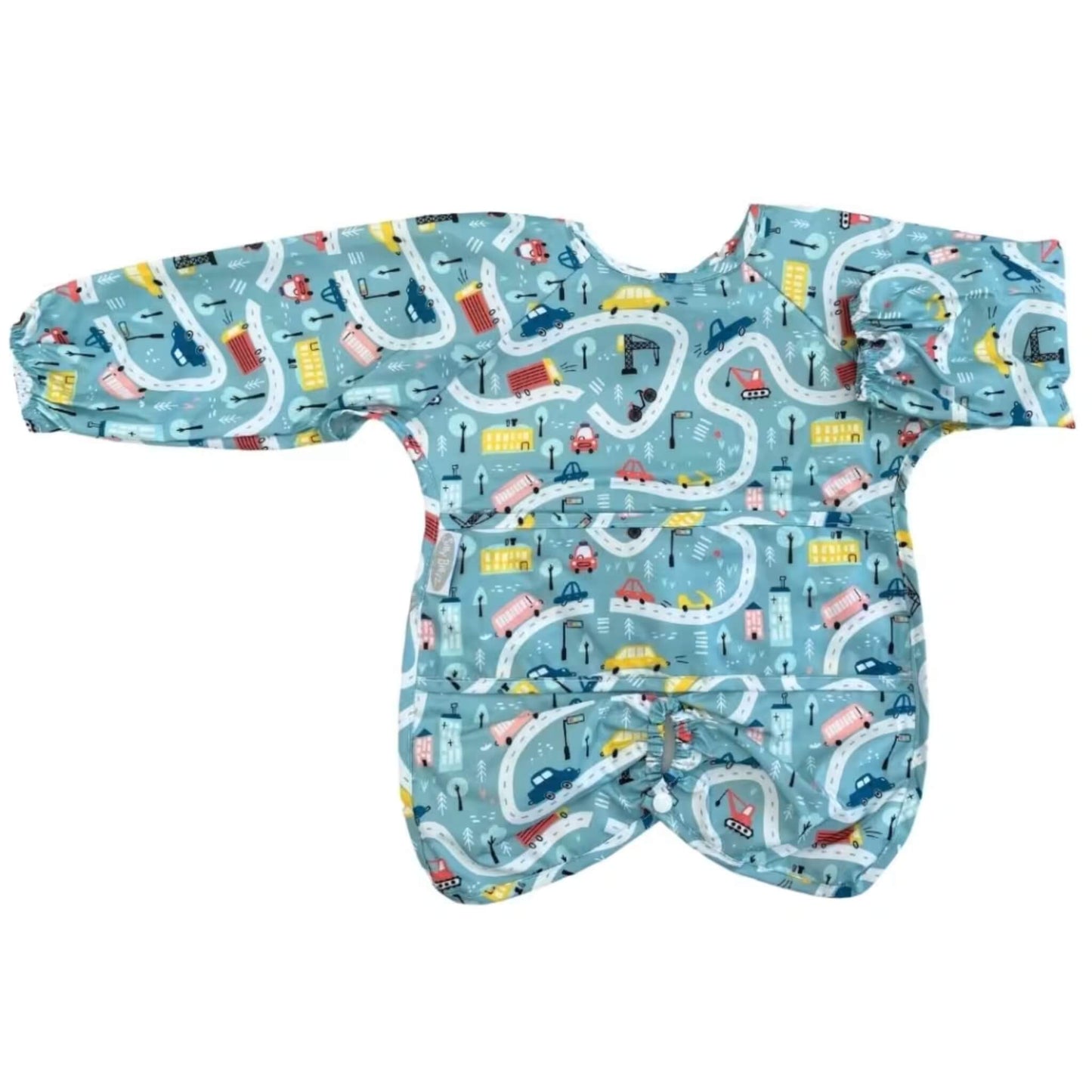 Silly Billyz Wipe Clean Long Sleeve Highchair Hugger Bib in the Roadmap print, shown laid flat with extended sleeves, wide body coverage, and a highchair attachment opening at the base.