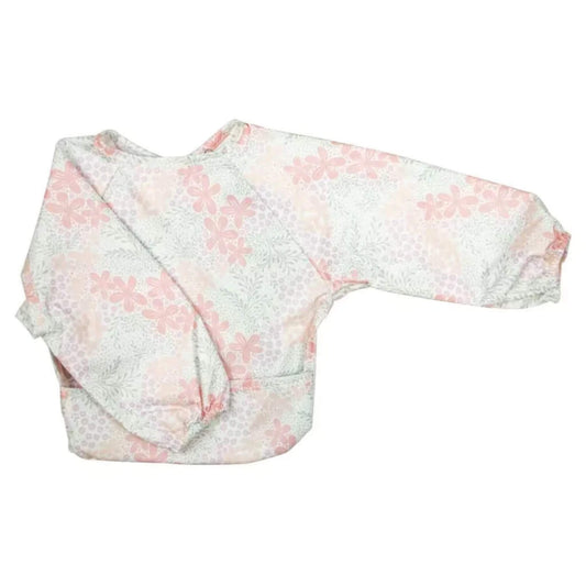 Silly Billyz Wipe Clean Long Sleeve Bib with all-over bloom print, featuring full arm coverage, shaped front and wipe-clean waterproof fabric.