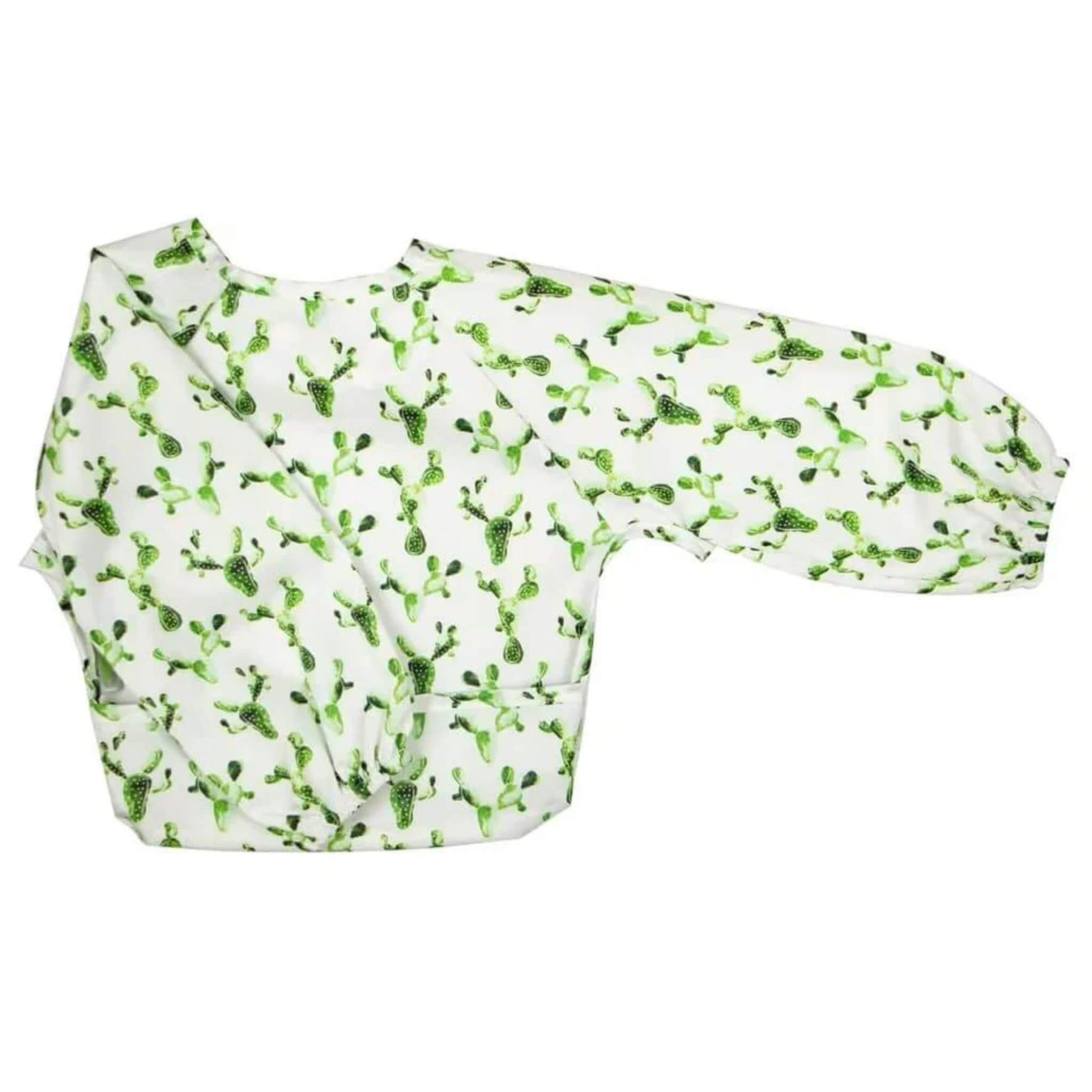 Silly Billyz Wipe Clean Long Sleeve Bib with all-over cactus print, featuring full arm coverage, shaped front and wipe-clean waterproof fabric.