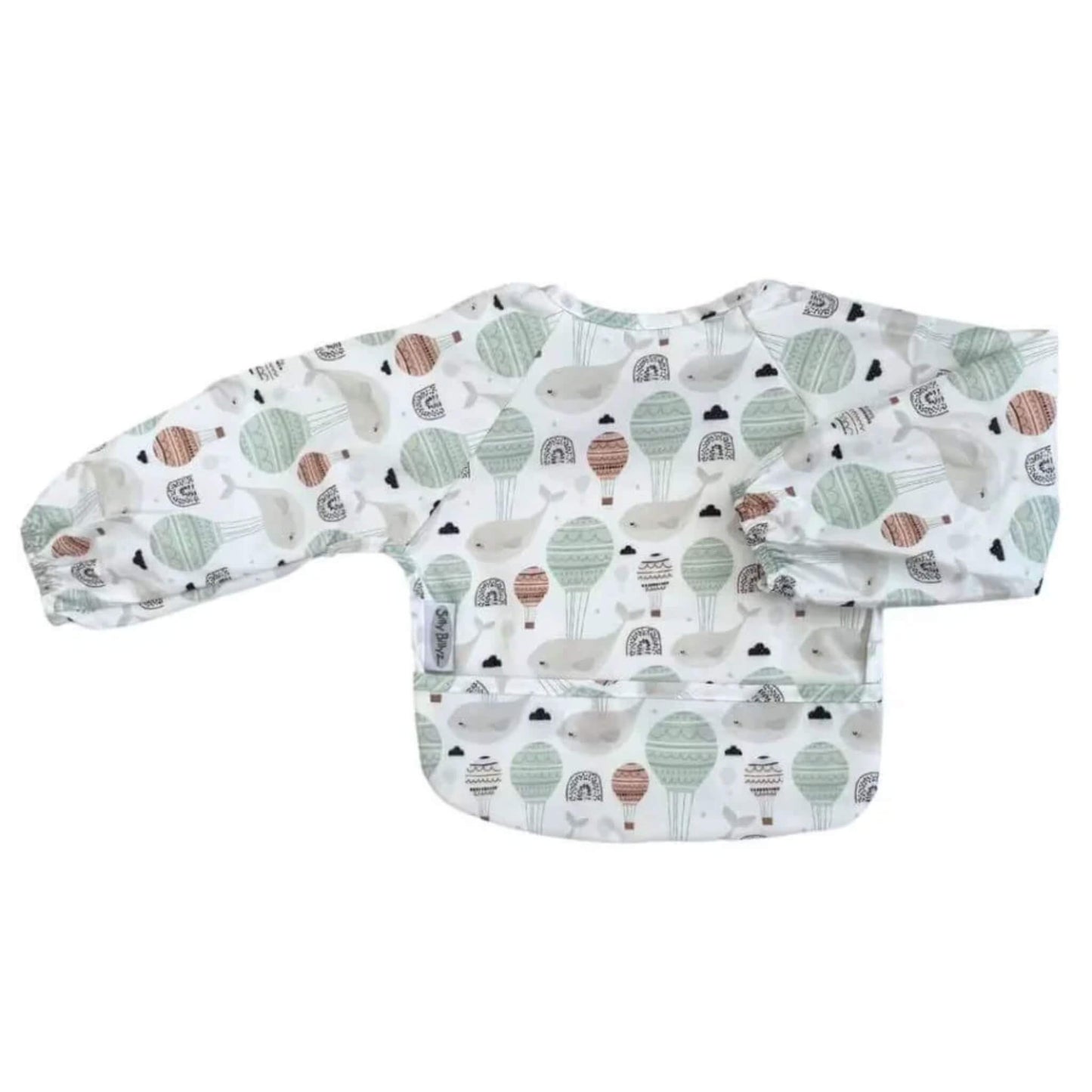 Silly Billyz Wipe Clean Long Sleeve Bib in Floating Whales print, featuring full arm coverage, shaped front and wipe-clean waterproof fabric.