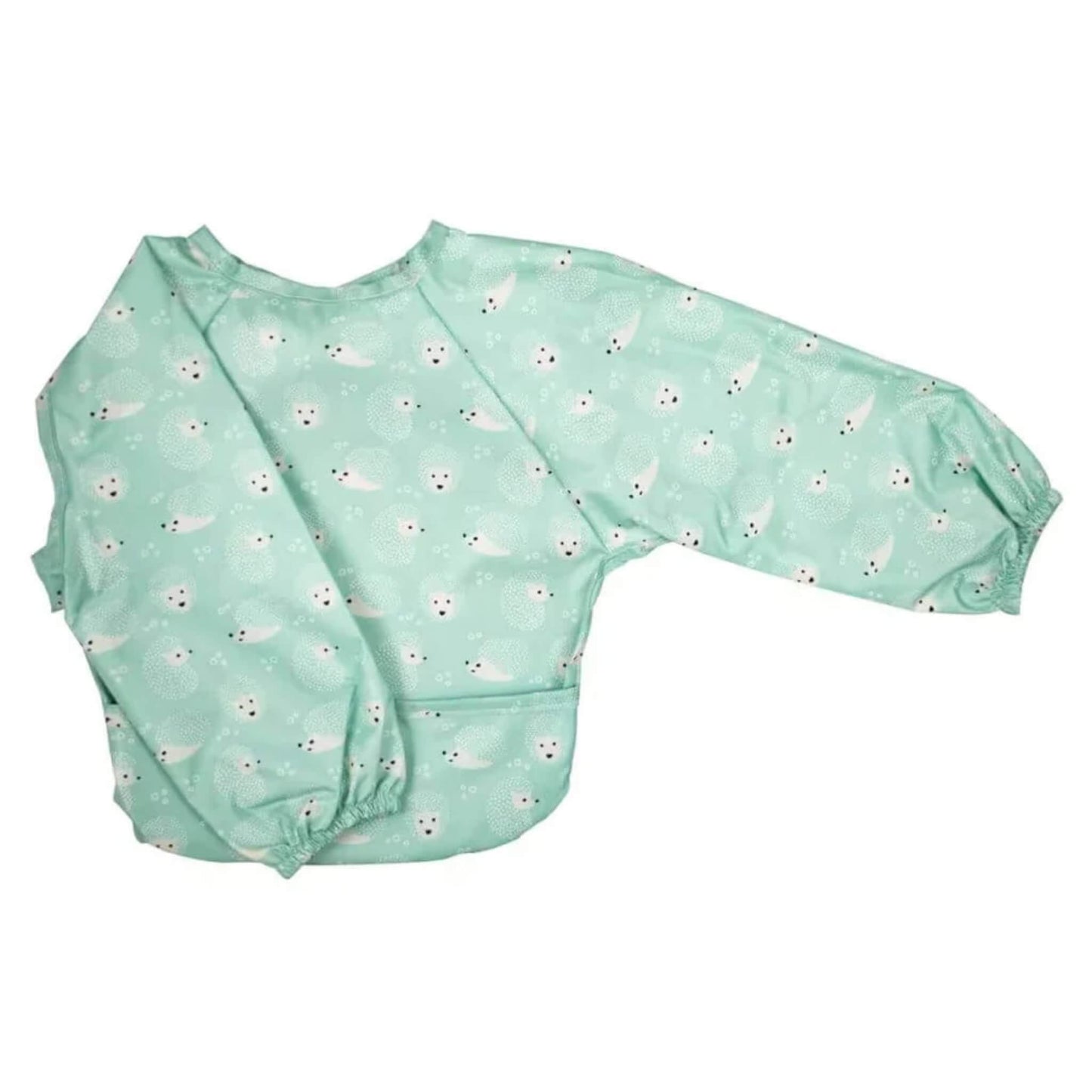 Silly Billyz Wipe Clean Long Sleeve Bib in Hedgehog print, featuring full arm coverage, shaped front and wipe-clean waterproof fabric.