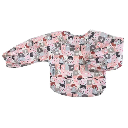 Silly Billyz Wipe Clean Long Sleeve Bib in Peekaboo print, featuring full arm coverage, shaped front and wipe-clean waterproof fabric.