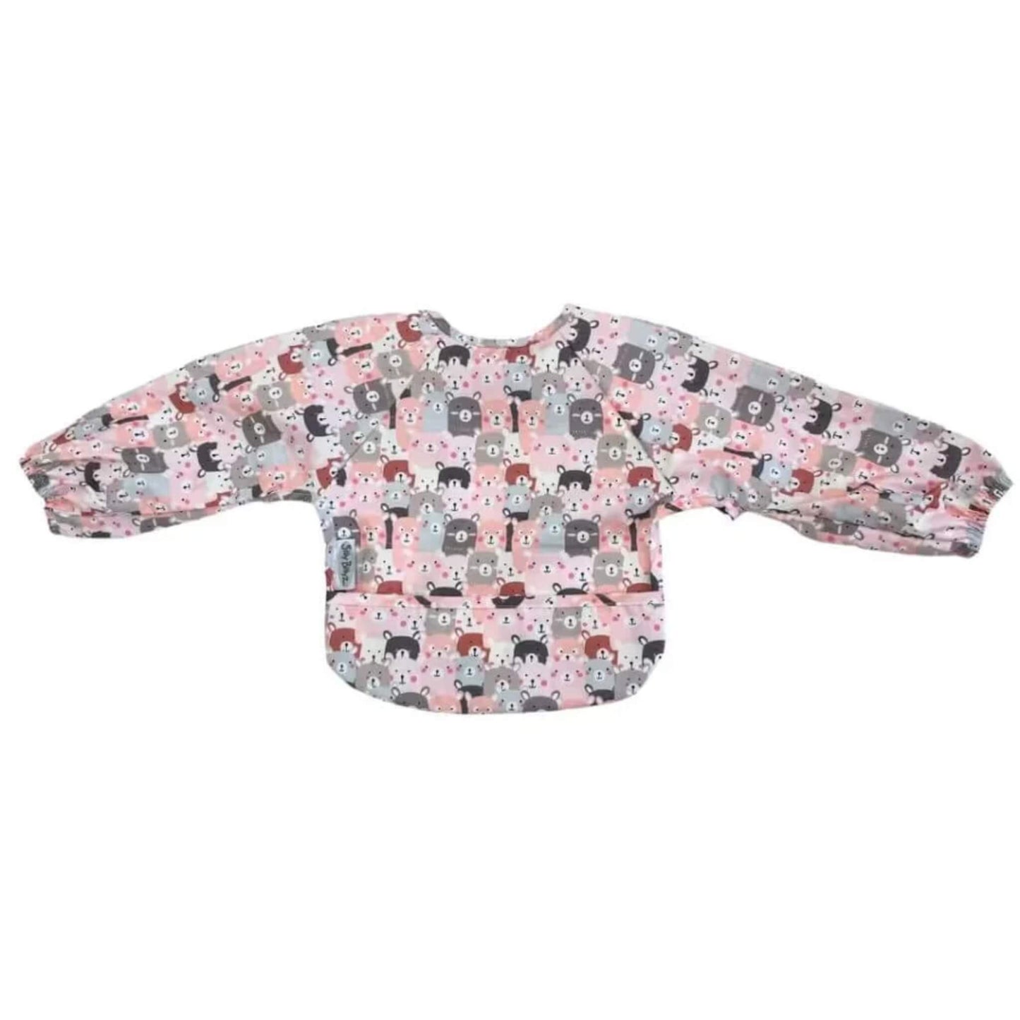 Long sleeve wipe-clean baby bib displayed flat with extended sleeves and front food-catching pocket in Peekaboo print.