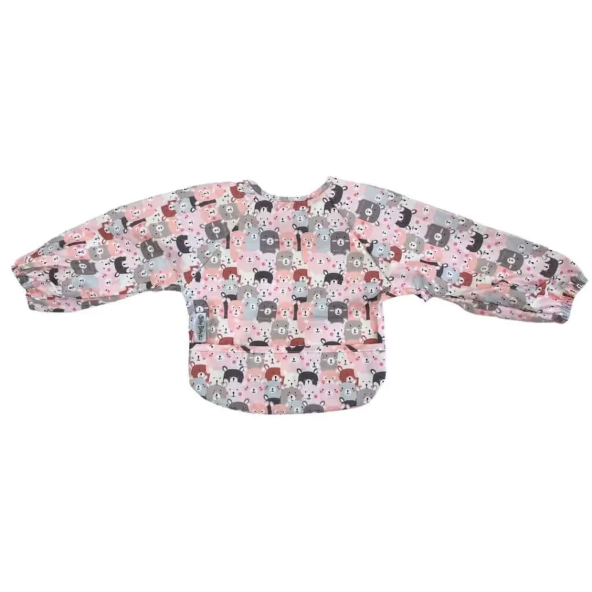 Long sleeve wipe-clean baby bib displayed flat with extended sleeves and front food-catching pocket in Peekaboo print.