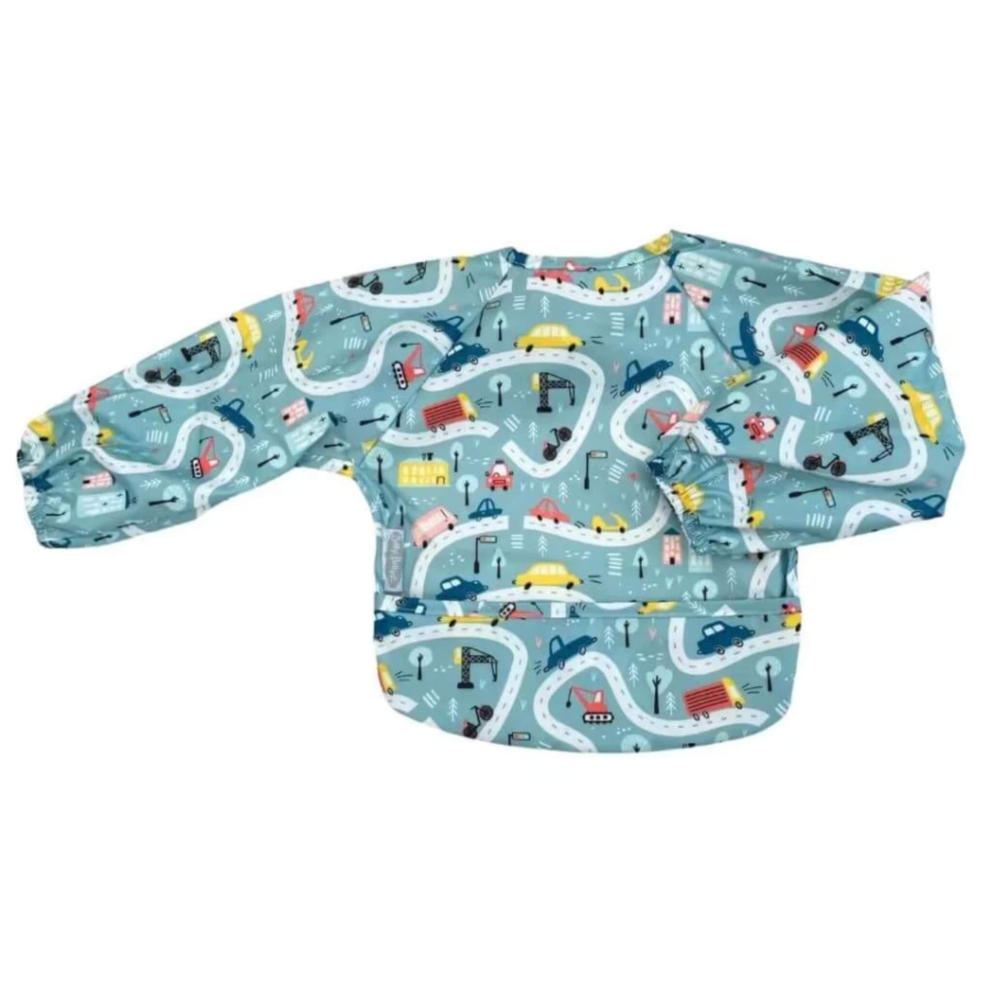 Silly Billyz Wipe Clean Long Sleeve Bib in Roadmap print, featuring full arm coverage, shaped front and wipe-clean waterproof fabric.