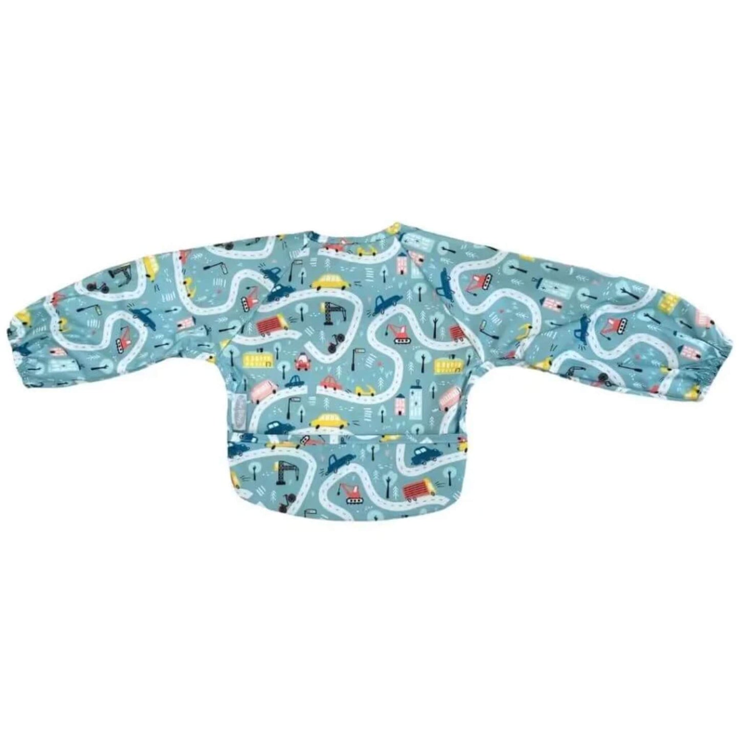 Long sleeve baby bib laid flat with extended sleeves and wide front coverage in a blue road and vehicle pattern.
