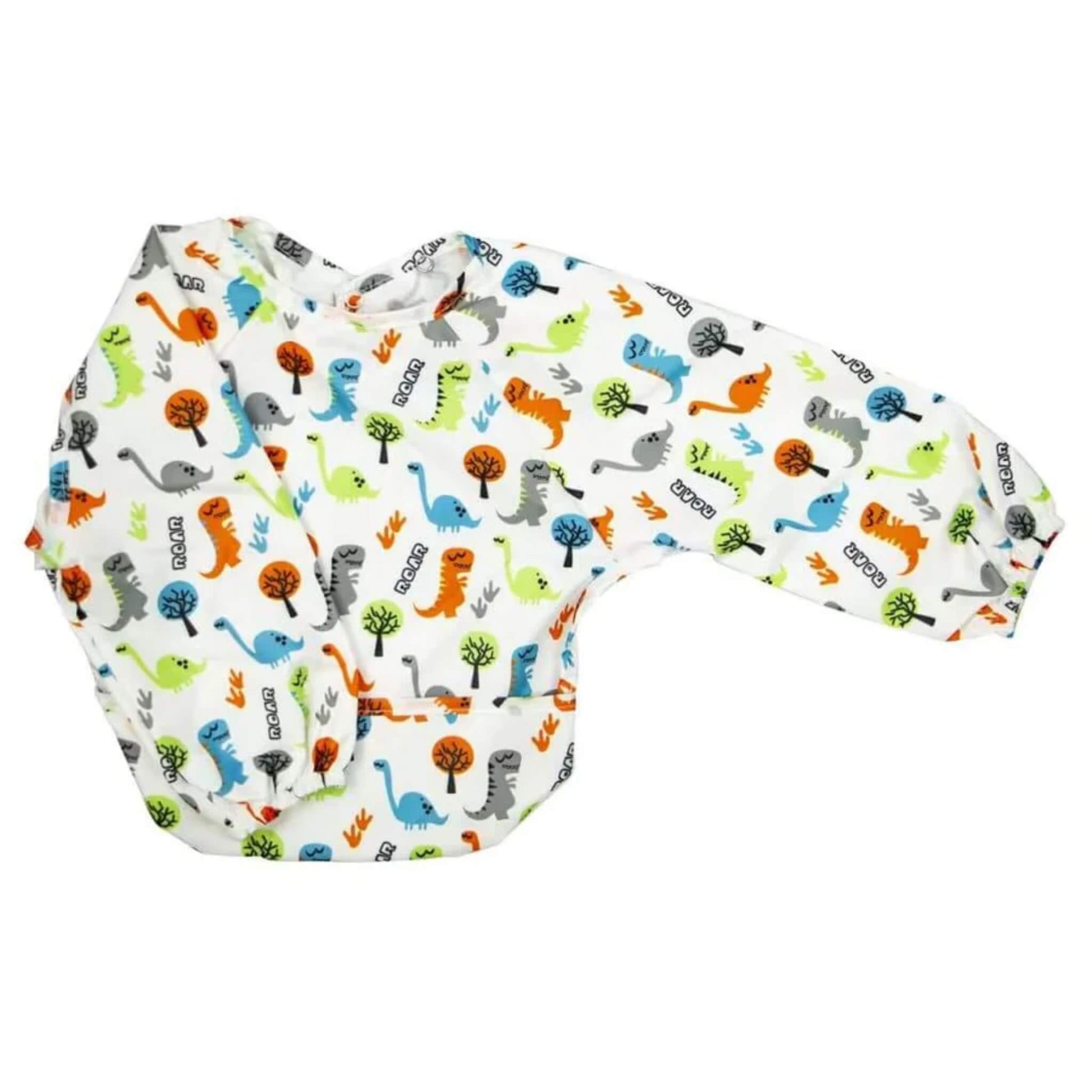 Silly Billyz Wipe Clean Long Sleeve Bib in Dinosaur Roar print, featuring full arm coverage, shaped front and wipe-clean waterproof fabric.