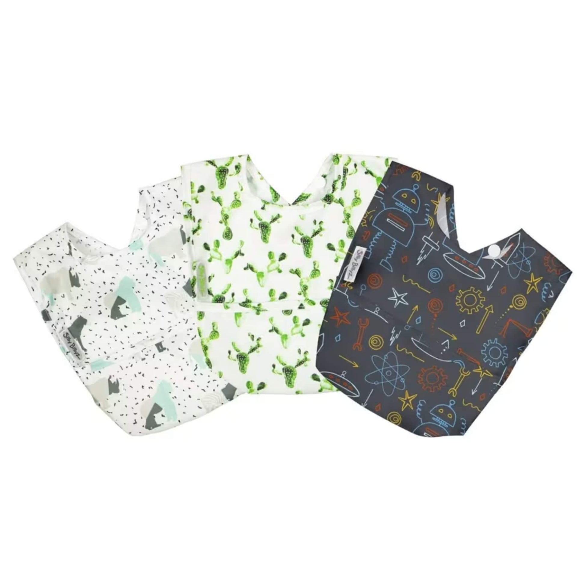 Silly Billyz wipe clean pocket bib 3 pack in varying designs, shown laid flat with soft waterproof fabric, curved shape, and front food-catching pockets.