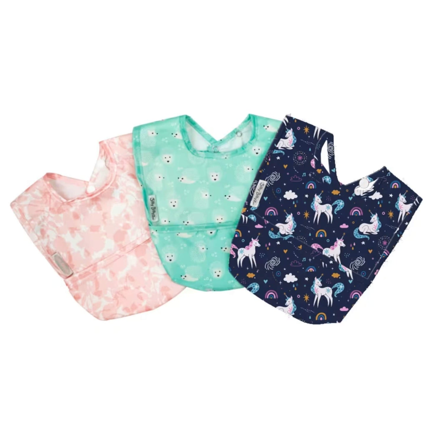 Silly Billyz wipe clean pocket bib 3 pack in Bloom designs, shown laid flat with soft waterproof fabric, curved shape, and front food-catching pockets.