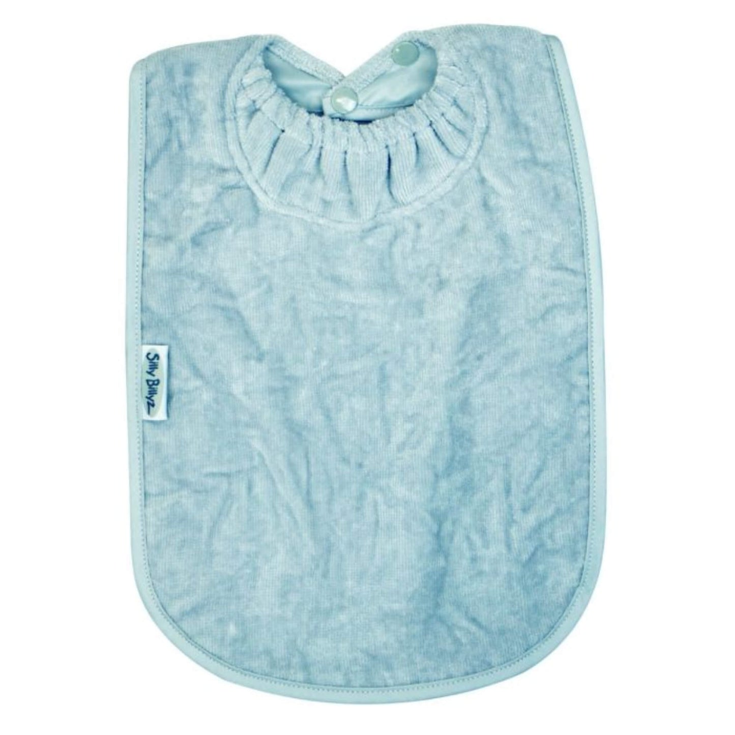 Silly Billyz Towel XL Bib in the maitai bay colourway with soft cotton velour front, waterproof backing and gathered snuggle neck with adjustable double press stud fastening.
