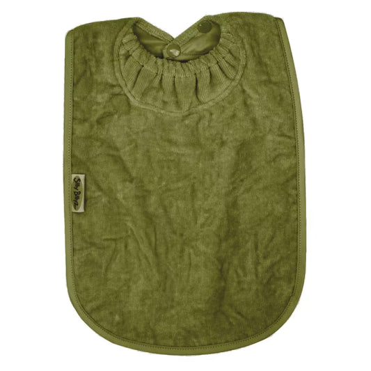 Silly Billyz XL Towel Bib in Olive green with soft cotton velour front, waterproof nylon backing, and unique Snuggle Neck guard. Shown flat with double press studs.