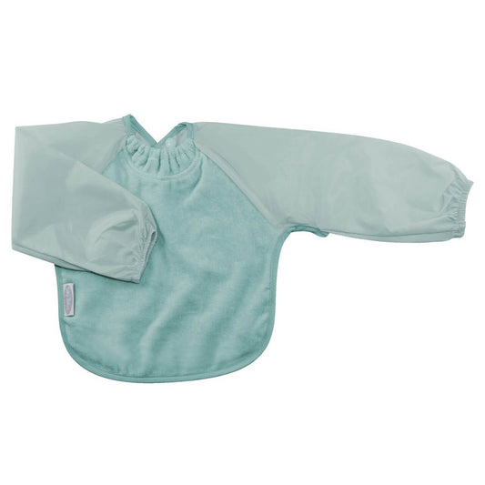 Towelling Long Sleeve Bib. water-resistant nylon sleeves provide extra protection from food wobbling off a spoon or fork. The open back allows babies and kids to stay cool and makes it easy to get on and off.