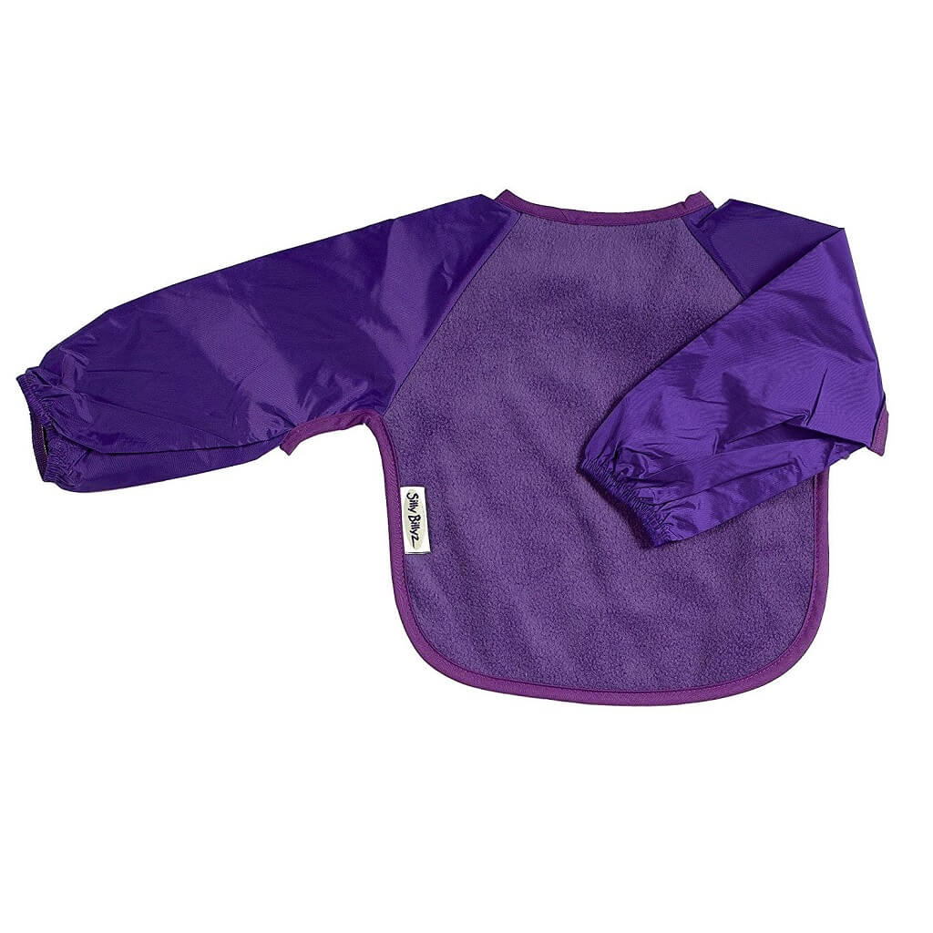 The Silly Billyz Long Sleeve bib is ideal for self feeders! The open back allows  babies and kids to stay cool. With nylon backing and  sleeves to protect clothes.