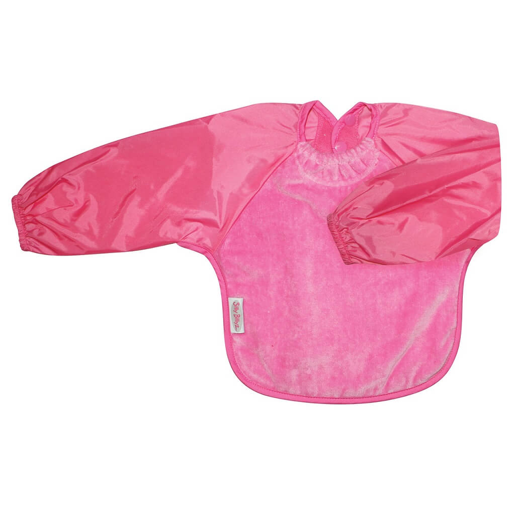 Perfect for self feeders! The open back allows  babies and kids to stay cool. With nylon backing and sleeves to protect clothes.