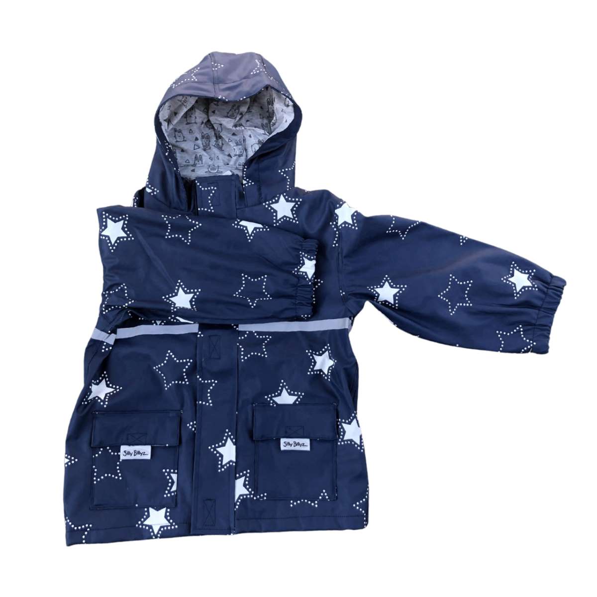 Stylish windproof and waterproof hooded jacket by Silly Billyz. Made from high quality PU which is both durable and beautifully soft and with their signature Rabbit Print polycotton lining for added comfort.
