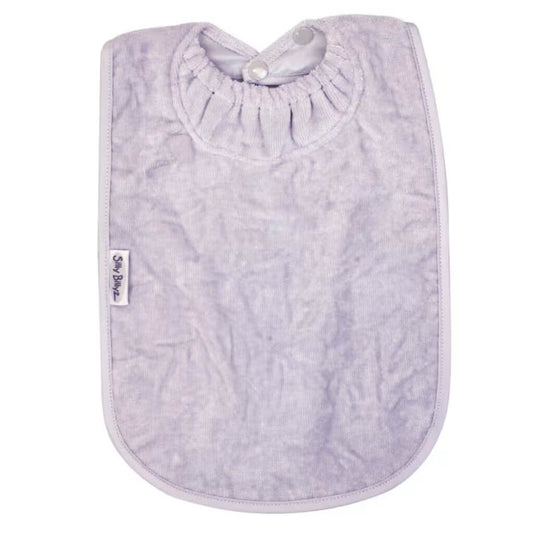 Lavender Silly Billyz Towel XL Bib provides extra-large coverage with a soft, absorbent front and waterproof backing to keep messes under control.