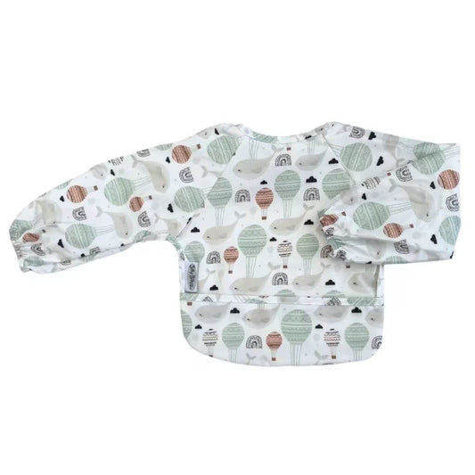 Floating Whales print Silly Billyz long sleeve wipe-clean bib offering full coverage and waterproof protection for mess-free mealtimes and activities.