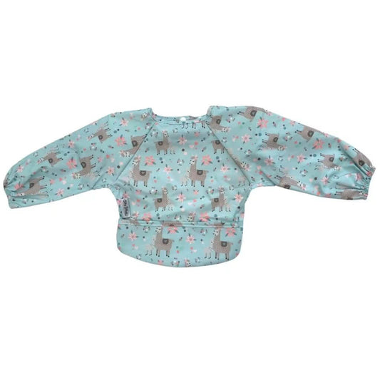 Llama print Silly Billyz long sleeve wipe-clean bib with full coverage, adjustable fit, and waterproof protection for mess-free mealtimes.