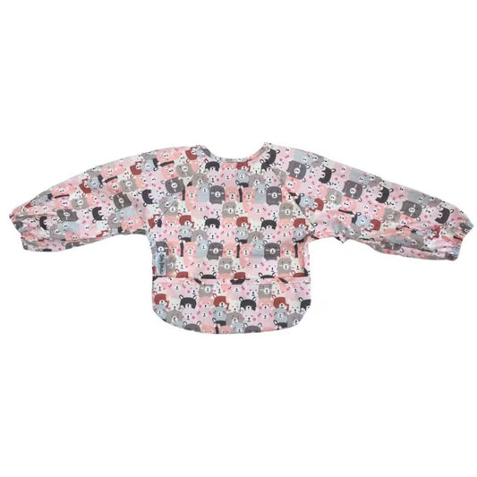 Silly Billyz long sleeve wipe-clean bib in Peekaboo print. Full coverage, adjustable fit, and waterproof protection for mess-free mealtimes.