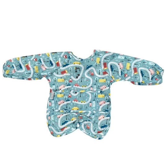 Long sleeve wipe-clean highchair hugger bib in Road Map print. Provides full coverage with elasticated cuffs, perfect for mealtimes.