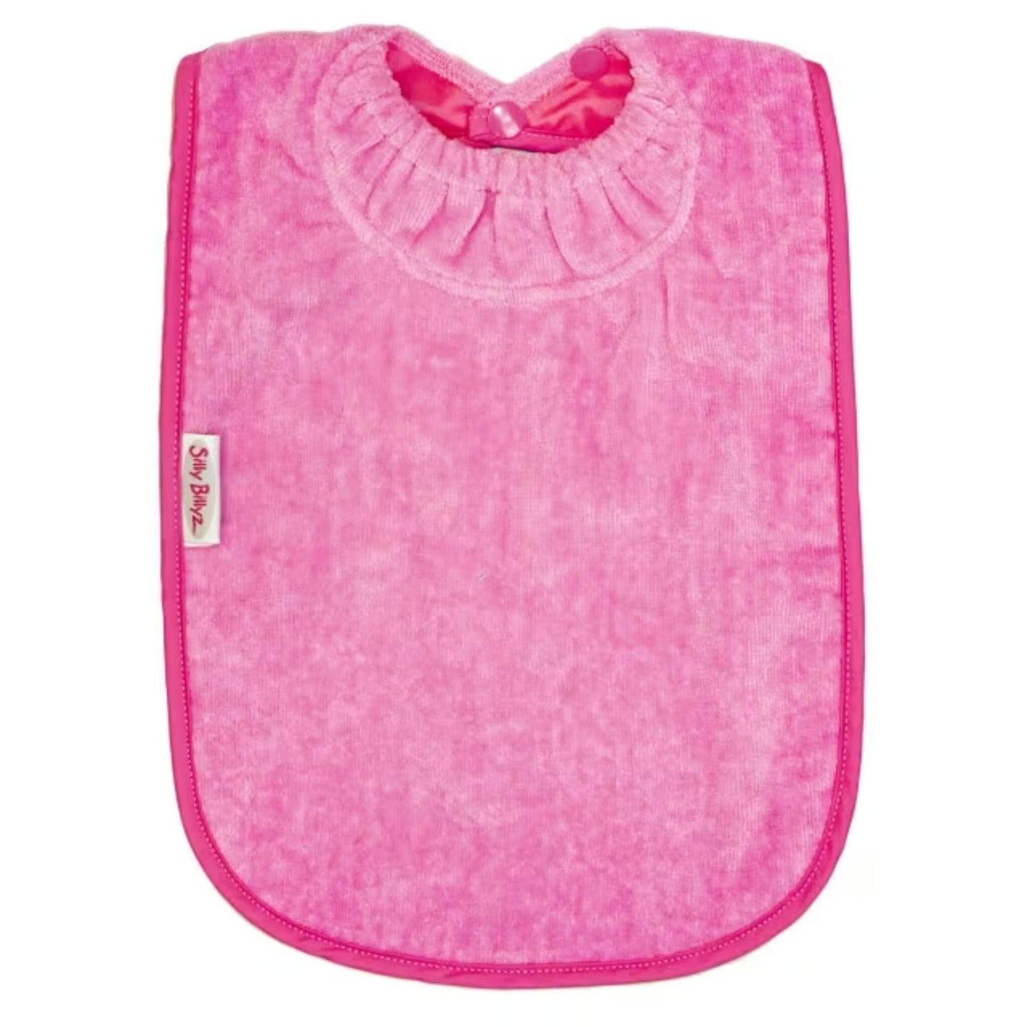 Silly Billyz Towel XL Bib in cerise pink with soft cotton velour front, waterproof backing and gathered snuggle neck with adjustable double press stud fastening.