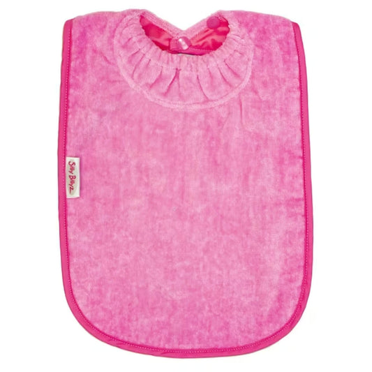 Silly Billyz Towel XL Bib in cerise pink with soft cotton velour front, waterproof backing and gathered snuggle neck with adjustable double press stud fastening.
