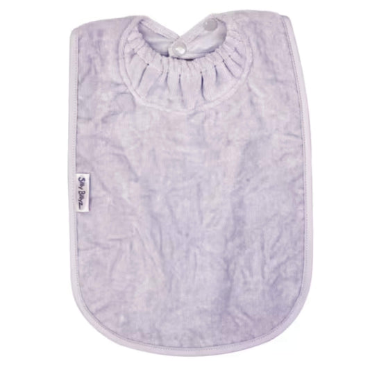 Silly Billyz Towel XL Bib in lavender with soft cotton velour front, waterproof backing and gathered snuggle neck with adjustable double press stud fastening.