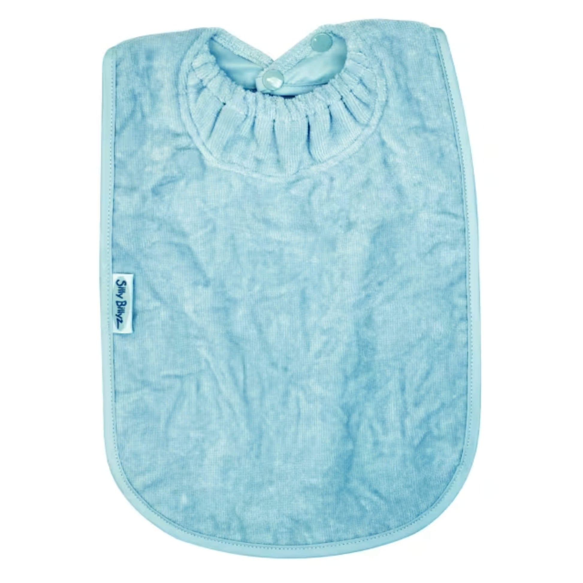 Silly Billyz Towel XL Bib in the maitai bay colourway with soft cotton velour front, waterproof backing and gathered snuggle neck with adjustable double press stud fastening.