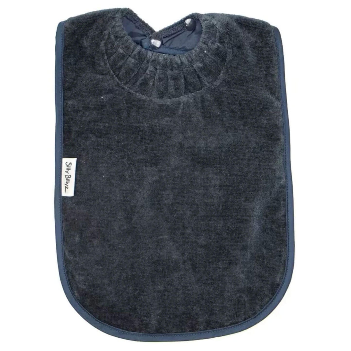 Silly Billyz Towel XL Bib in navy blue with soft cotton velour front, waterproof backing and gathered snuggle neck with adjustable double press stud fastening.