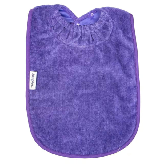 Silly Billyz Towel XL Bib in purple with soft cotton velour front, waterproof backing and gathered snuggle neck with adjustable double press stud fastening.