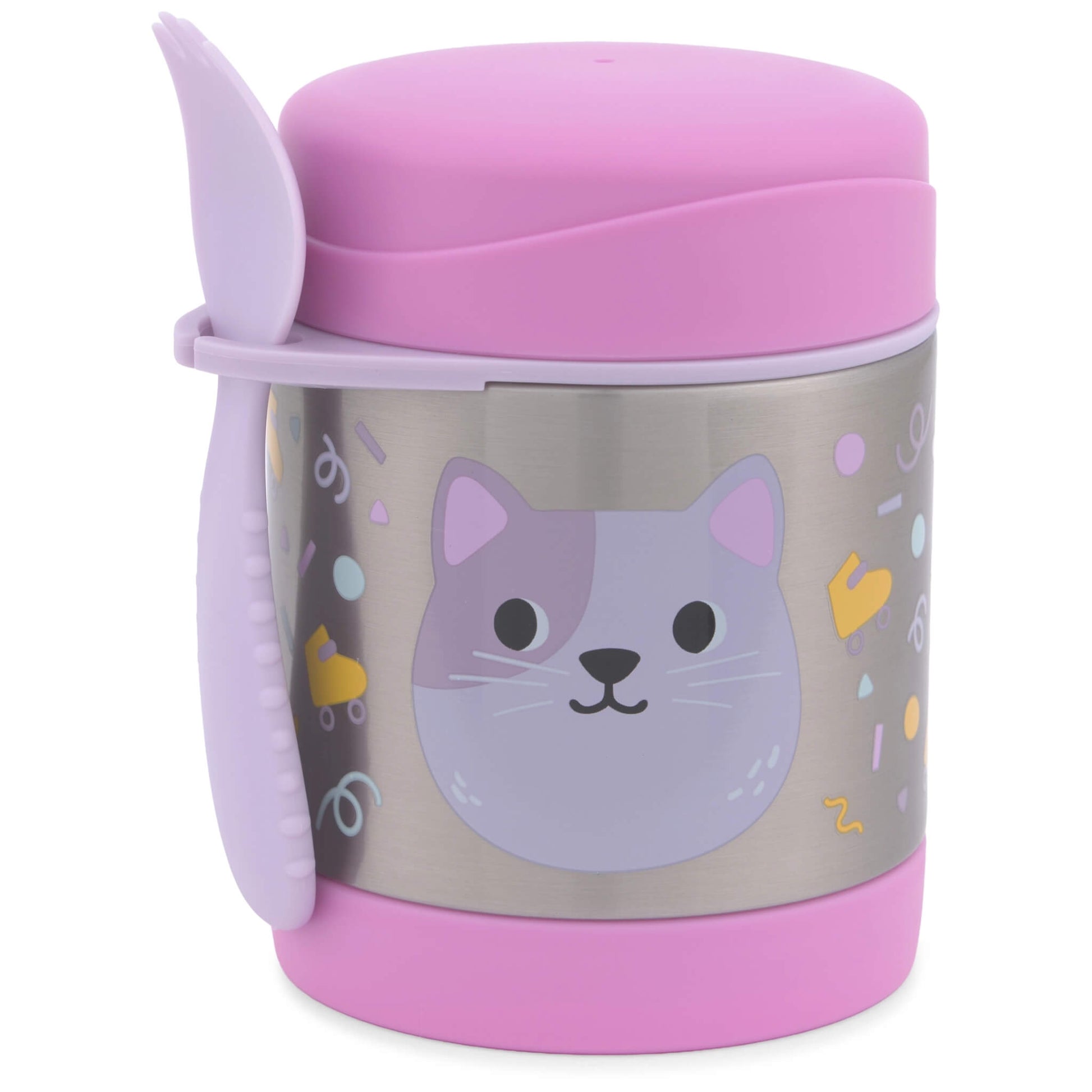 A pink and silver insulated children's food container with a cute purple cat face graphic and colourful confetti details, featuring a matching pink lid and a purple spork attached on the side.