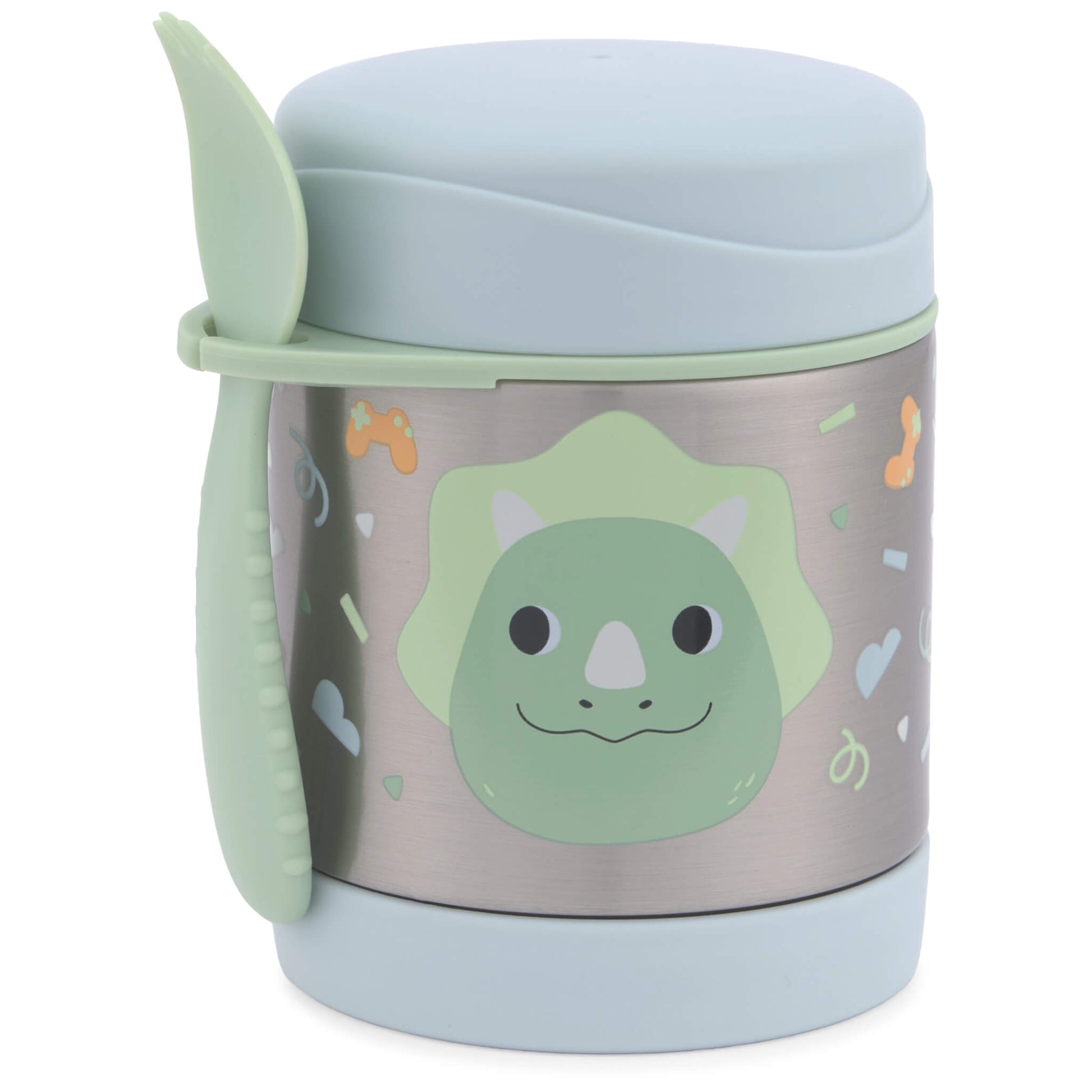 A stainless steel childrens lunch container with a light blue lid and base, featuring a green dinosaur face graphic and small colourful doodles on the front. A matching light green spoon is tucked into the side of the container.