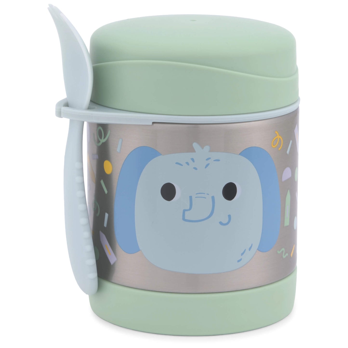 A stainless steel kids lunch container with a mint green lid and base, featuring a cute blue elephant face graphic on the front. It includes a matching mint green carrying spoon on the side, set against a plain white background.