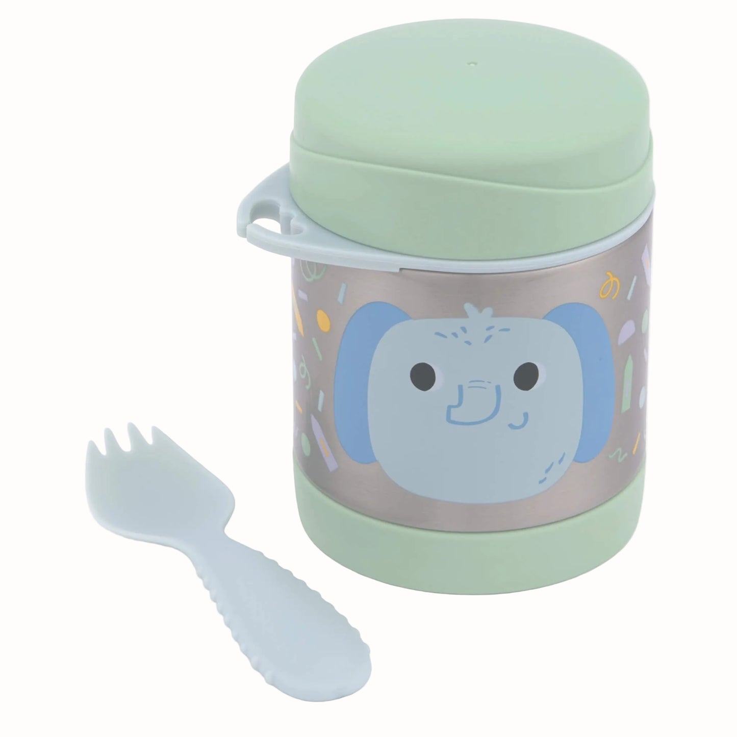 A mint green insulated children's lunch container with a matching lid and a small light blue spork, featuring a cute cartoon elephant face on the front.