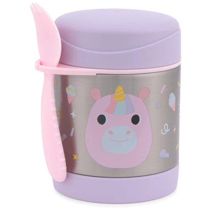 A stainless steel lunch container with a lavender purple lid and base, featuring a cute pink unicorn face graphic on the front. A matching pink silicone spork is tucked into the side of the container, all set against a clean white background.