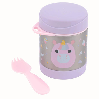 A pastel pink and lavender insulated lunch container with a cartoon unicorn design on the front, shown with a matching pink utensil on a white background.