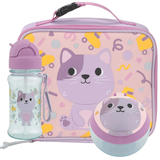 A children's lunch set featuring a pink insulated bag with a purple cat illustration, a matching water bottle with a purple lid, and a small round container with a purple lid, all decorated with a cute cat and paw print pattern.