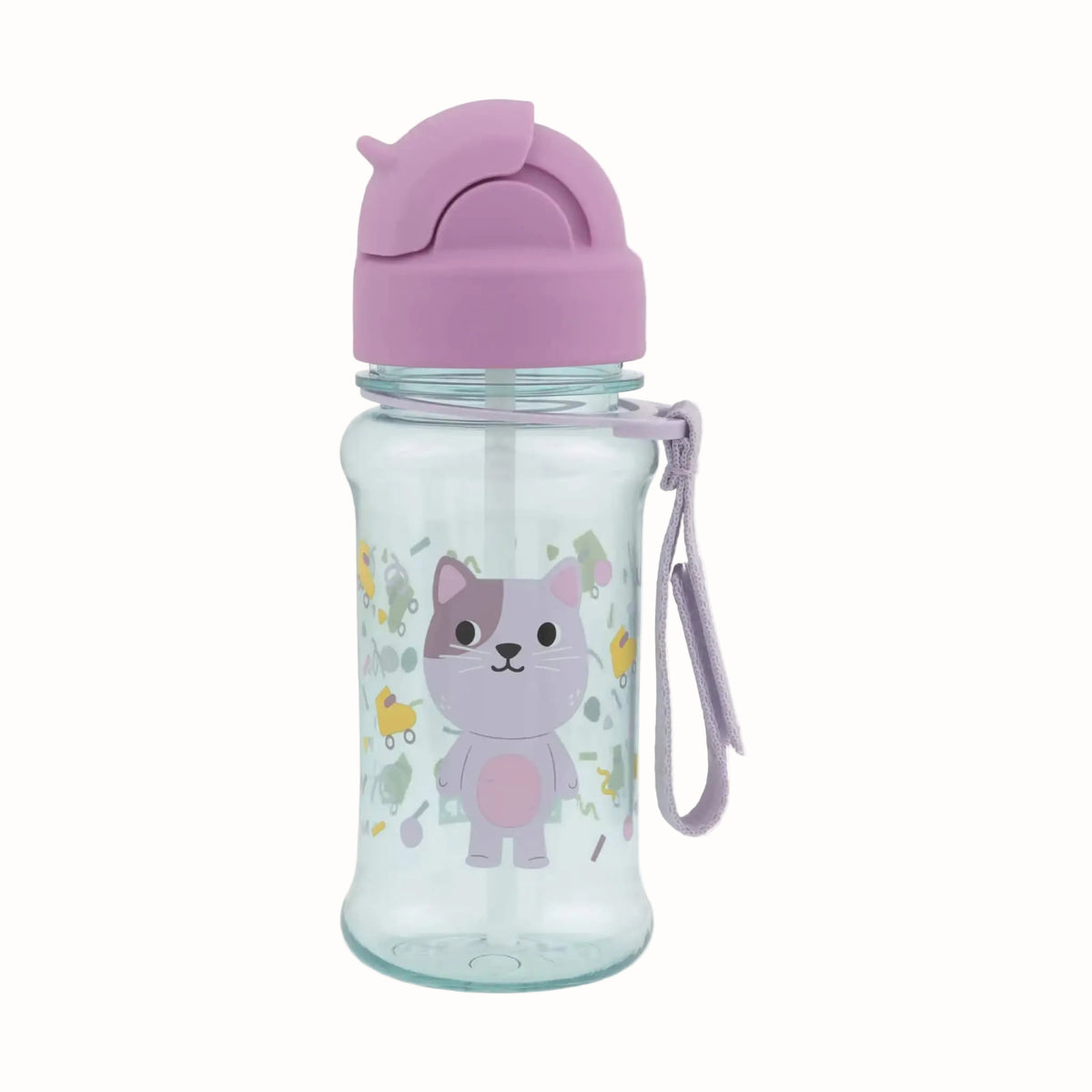A clear plastic children's water bottle with a light purple lid and a matching wrist strap, featuring a cute cartoon cat illustration on the front.