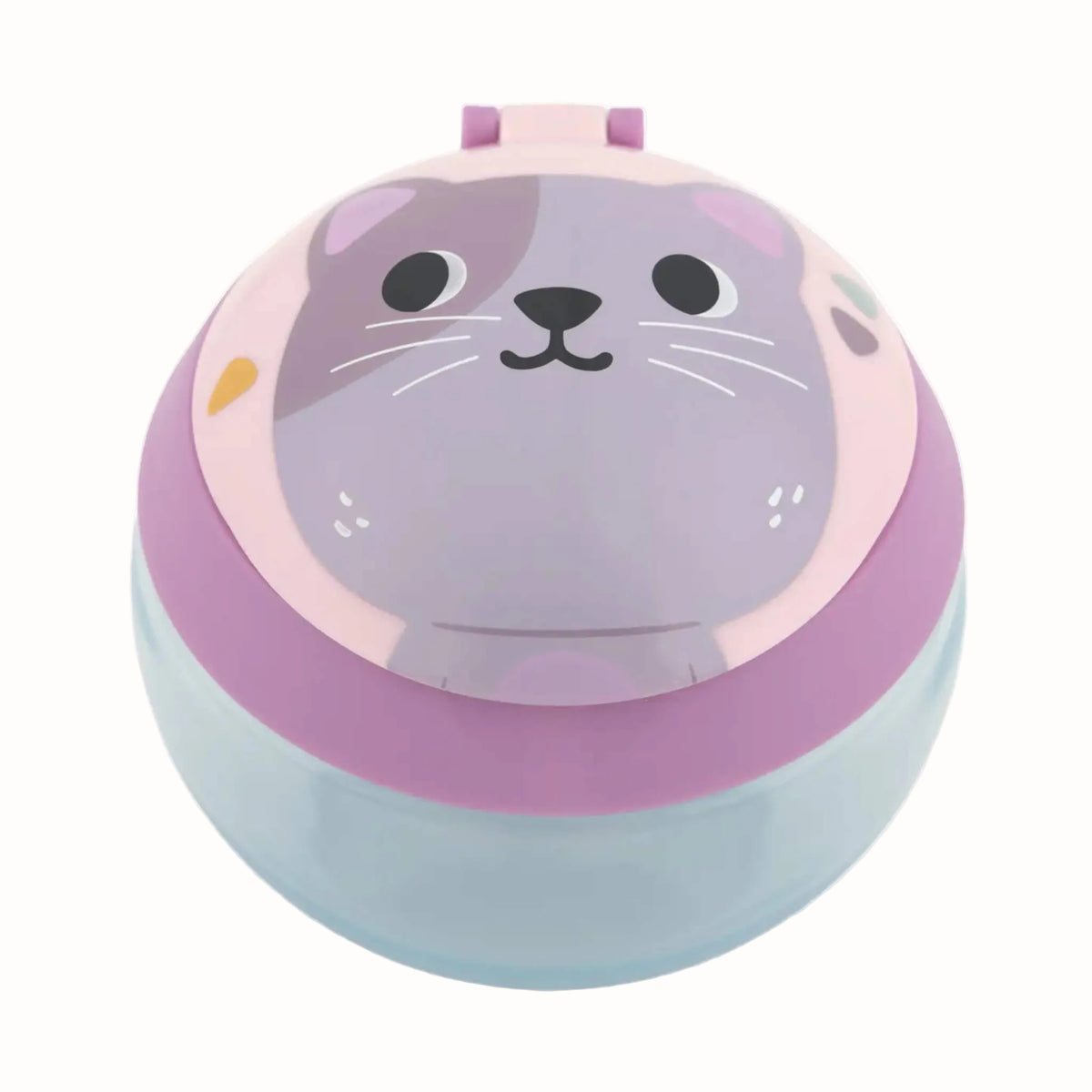 A small round plastic food container with a cat face printed on the lid, featuring a lavender-purple top half, pink band, and pale blue bottom half, shown on a white background.