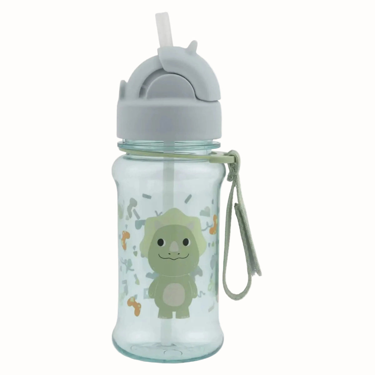 A clear plastic water bottle with a light grey flip-top lid and straw, featuring a green cartoon dinosaur character printed on the front. A matching light green wrist strap is attached to the side of the bottle.