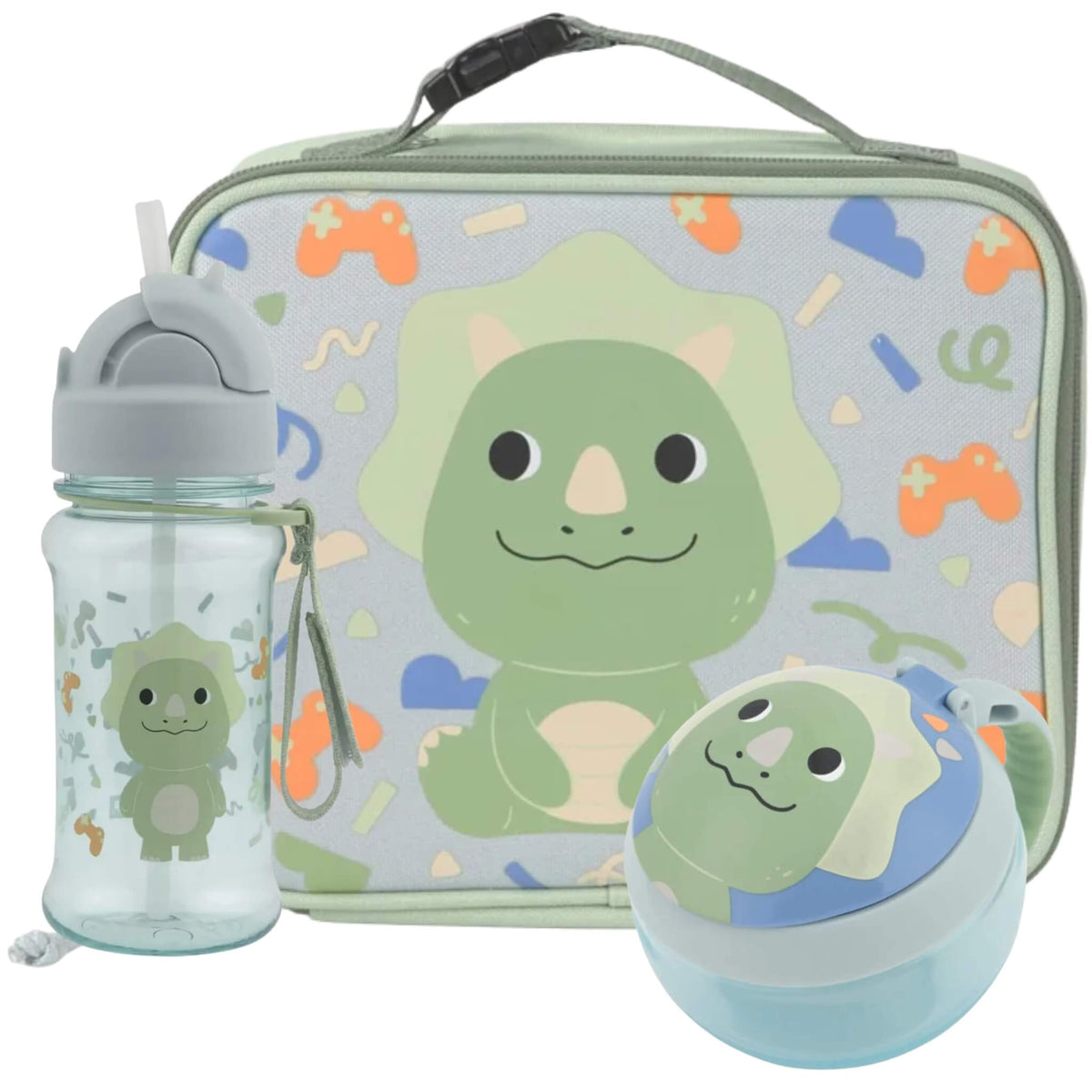Toddler lunch bundle with matching green dinosaur lunch bag, straw bottle and snack cup.