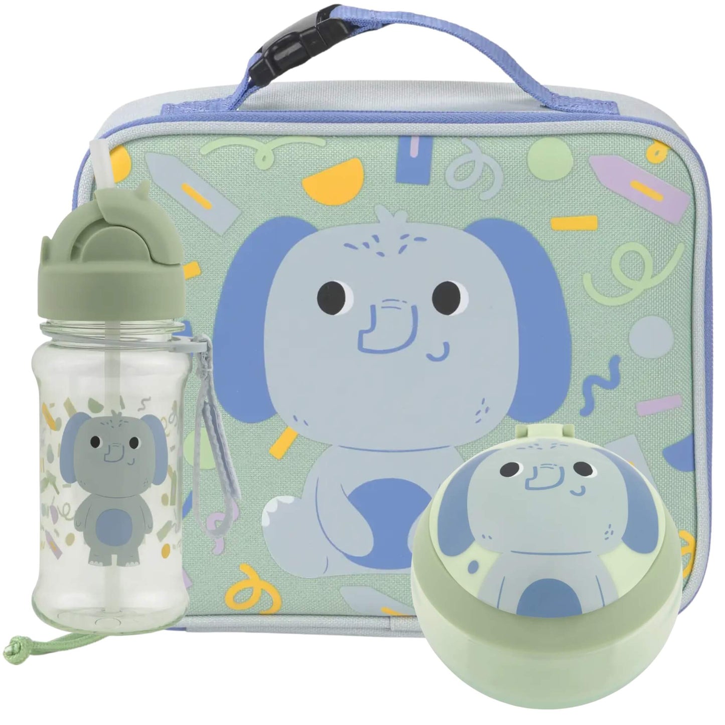 A children's lunch set featuring a light green insulated lunch bag with a blue cartoon elephant, a clear water bottle with a pale green lid, and a matching round container with a lid, all decorated with a blue and green elephant pattern.