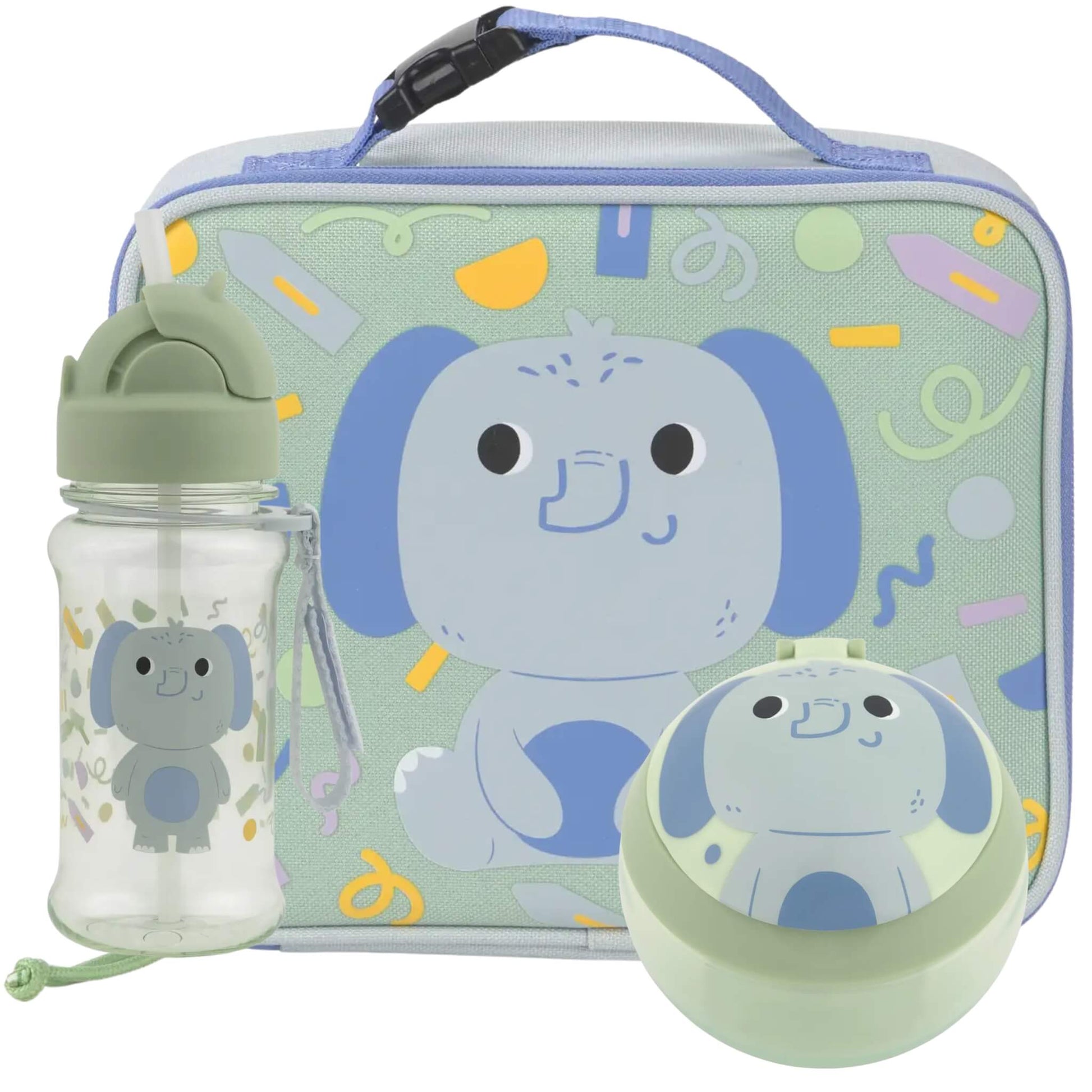 A children's lunch set featuring a light green insulated lunch bag with a blue cartoon elephant, a clear water bottle with a pale green lid, and a matching round container with a lid, all decorated with a blue and green elephant pattern.