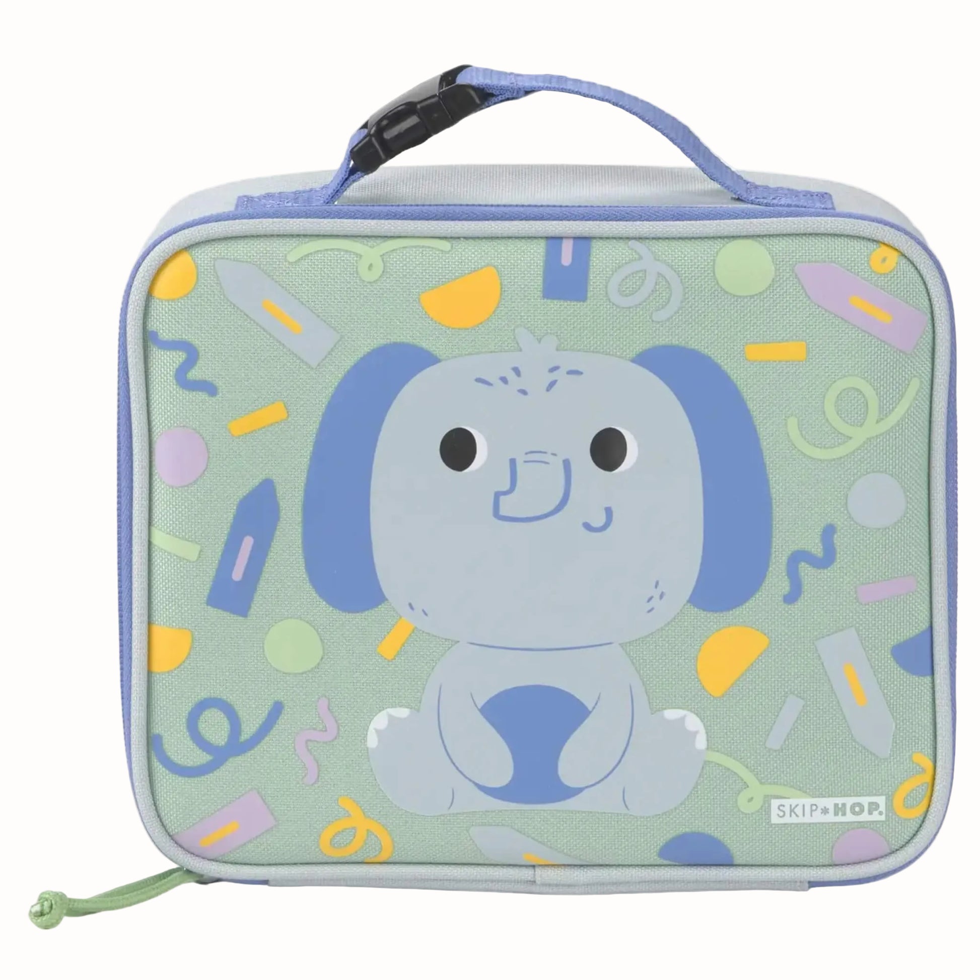 A Skip Hop lunch bag featuring a light blue cartoon elephant on a mint green background with colourful confetti patterns. The bag has a light blue zipper, a top carrying handle, and a small Skip Hop logo on the bottom right.