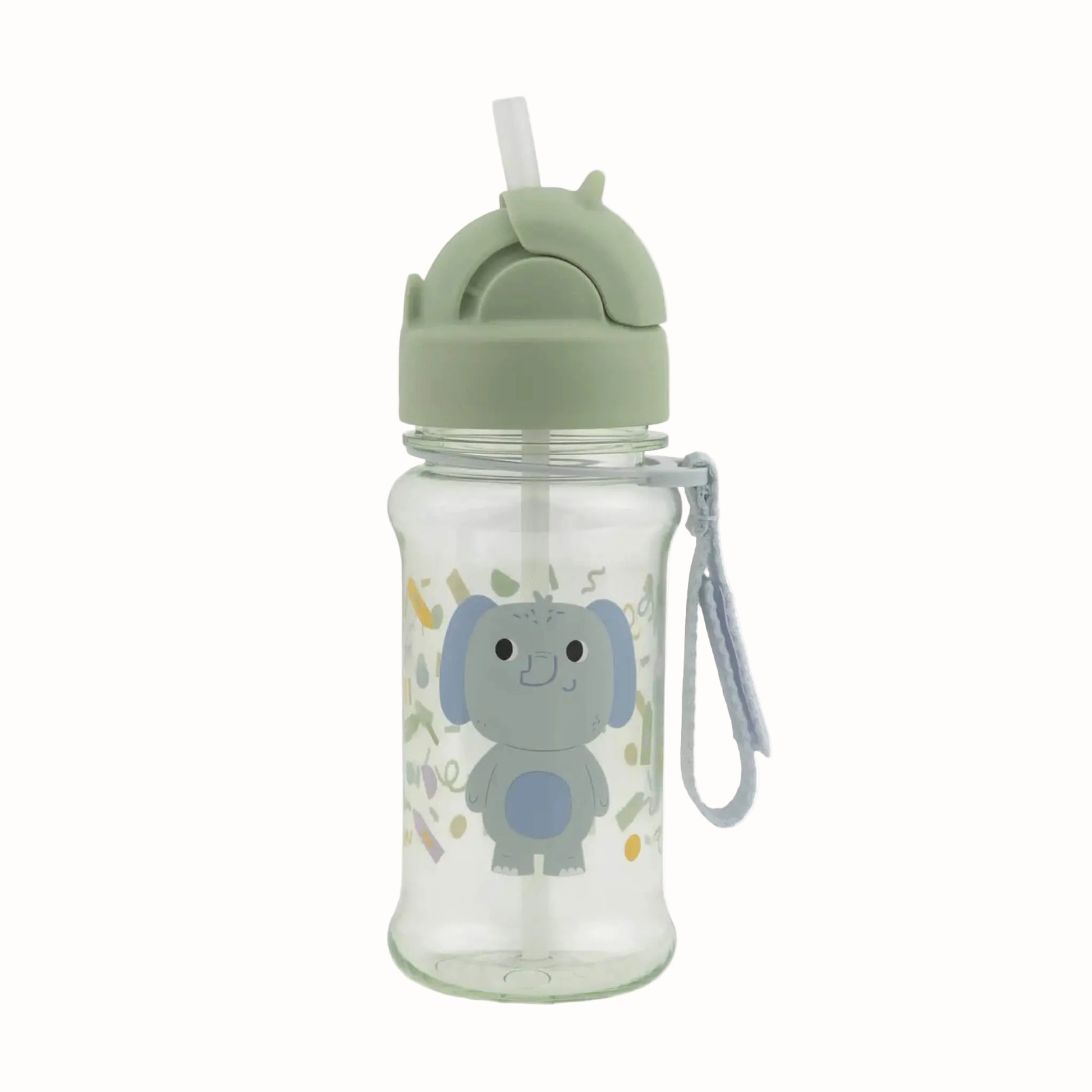 Clear children's water bottle with green lid and elephant design on a white background