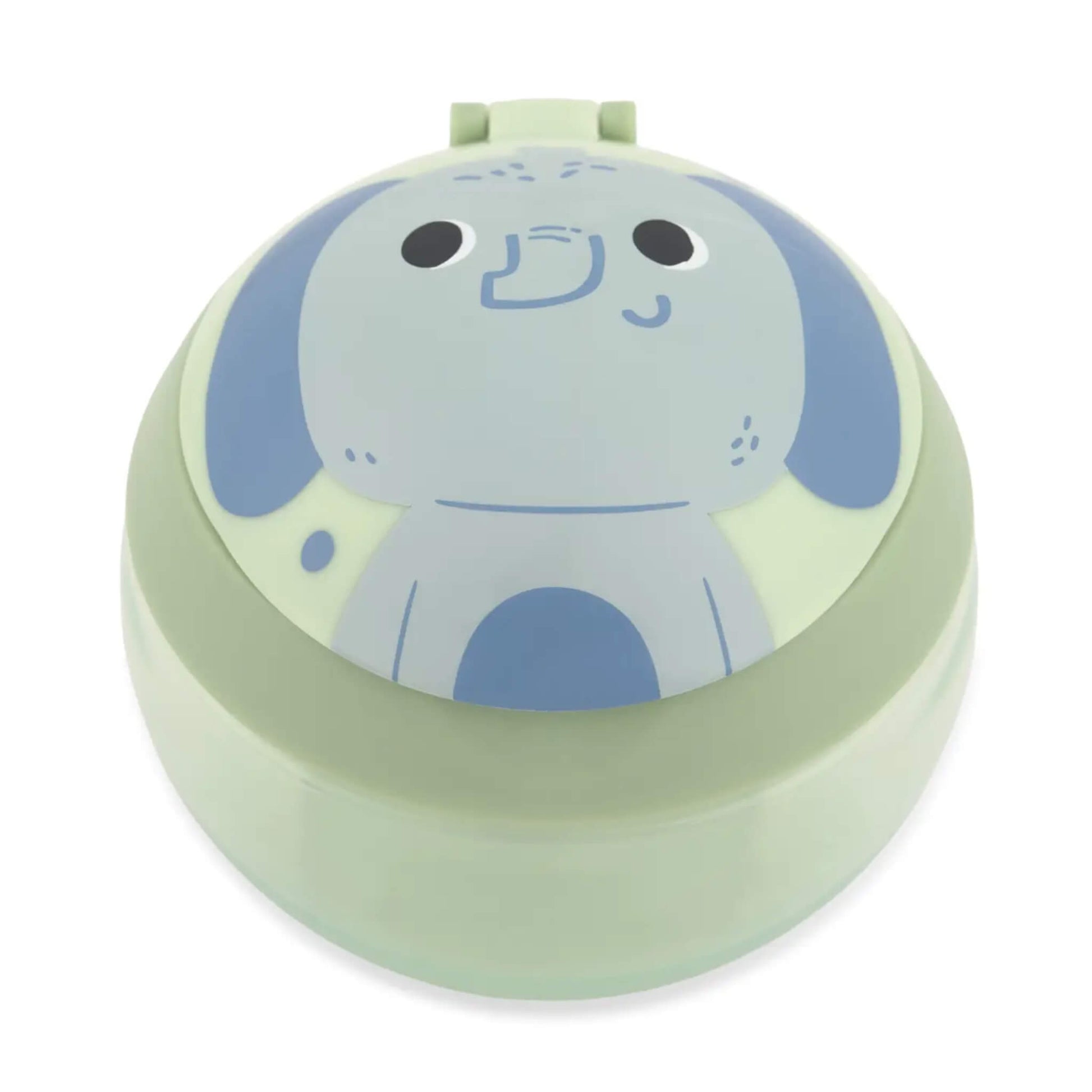 A round, light green snack container with a lid featuring a cute cartoon dog face in pale blue and white, set against a plain white background.